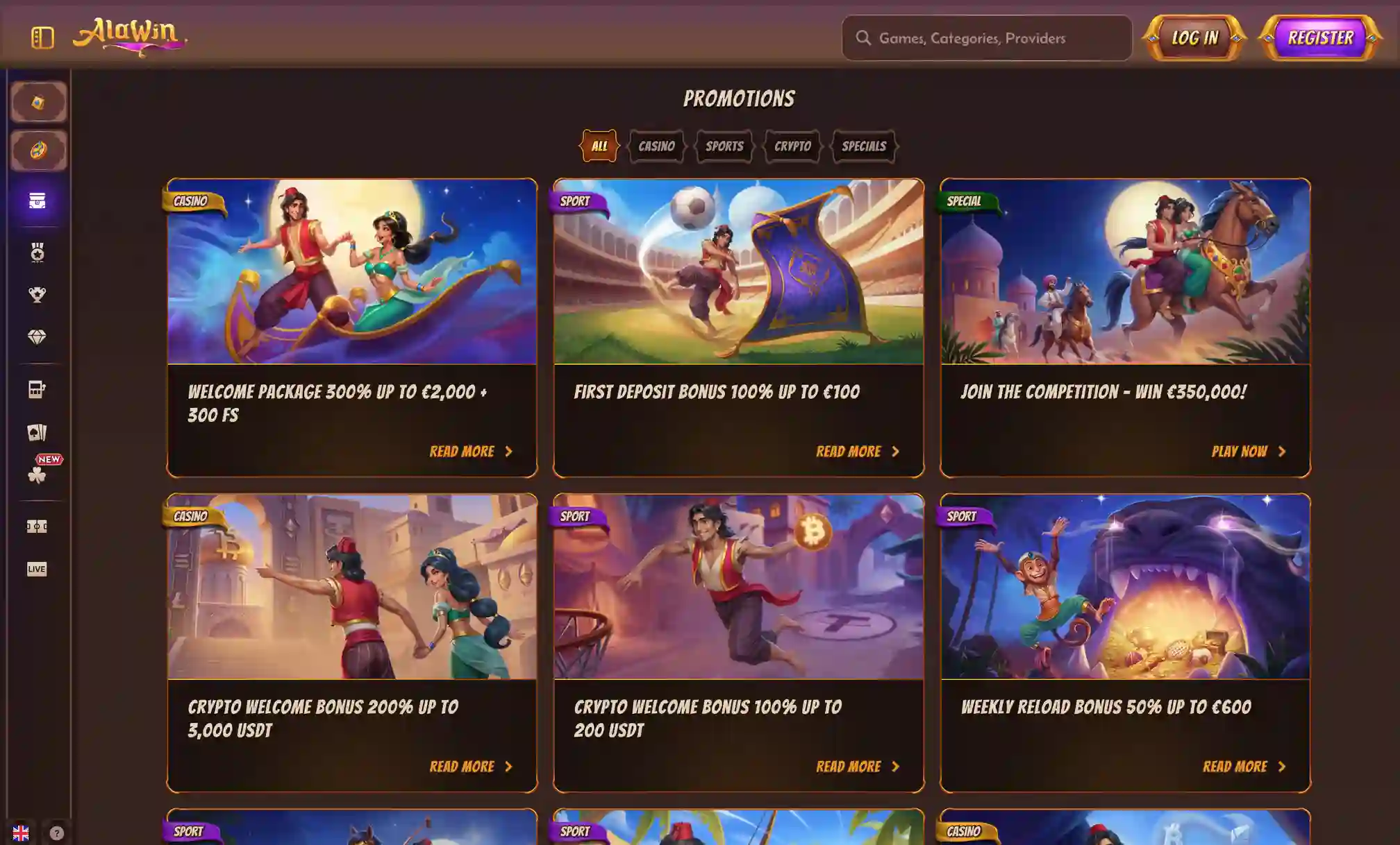 Bonusseite von Alawin Casino mit Willkommenspaket